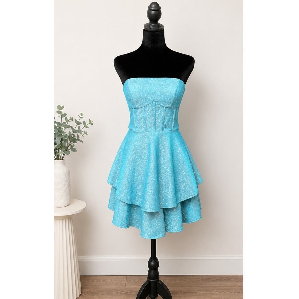 B Darlin Juniors 3/4 Turquoise Sparkle Strapless Homecoming Party Mini Dress NWT - Picture 3 of 12